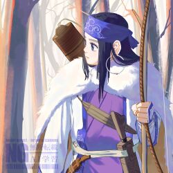  1girl ainu_clothes asirpa bare_tree black_hair blue_eyes blue_headband bow_(weapon) cape closed_mouth earrings forest fur_cape golden_kamuy headband highres holding holding_bow_(weapon) holding_weapon hoop_earrings jewelry long_hair looking_to_the_side murata_miku nature outdoors solo tree watermark weapon white_cape 