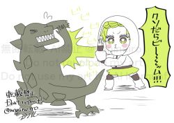  1girl alien blush_stickers chibi dandadan energy_beam giant giantess green_eyes green_hair hood hoodie jacket kaiju long_sleeves o3o parody short_hair signature speech_bubble standing star_(symbol) star_in_eye symbol_in_eye thigh-highs translation_request twitter_username ultra_beam vamola_(dandadan) white_background yokoru 