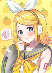  1girl :< absurdres aqua_eyes blonde_hair bow breasts commentary_request detached_sleeves food fortissimo fruit grey_sailor_collar grey_sleeves hair_bow hair_ornament hairclip headphones heart heart_in_eye highres kagamine_rin kagamine_rin_(vocaloid4) knnn12 looking_at_viewer nanchoukei_danshi_ga_taosenai_(vocaloid) necktie number_tattoo orange_(fruit) parallel_hairclips pineapple sailor_collar see-through_clothes see-through_sleeves shirt short_hair sleeveless sleeveless_shirt small_breasts speech_bubble spoken_squiggle squiggle symbol_in_eye tattoo upper_body vocaloid white_bow white_shirt yellow_background yellow_necktie yellow_trim 