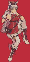  1980s_(style) 1girl animal_ears arm_up armlet bare_shoulders black_hat black_ribbon boots breasts brown_eyes buttons collared_dress double-breasted dress ear_covers ear_ribbon elbow_on_knee faux_retro_artstyle footwear_ribbon full_body gloves gold_ship_(red_strife)_(umamusume) gold_ship_(umamusume) hat highres horse_ears horse_girl horse_tail jewelry large_breasts leggings long_hair neck_ribbon o-ring official_alternate_costume open_mouth pikurusu pillbox_hat pouch red_background red_ribbon retro_artstyle ribbon sleeveless sleeveless_dress smile solo tail umamusume v very_long_hair white_boots white_gloves white_hair white_leggings 