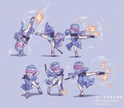  1girl artist_name blue_background blue_hat blue_skirt chinese_commentary combo commentary_request dated fatal_fury fighting_game folding_fan hand_fan handstand hat high_kick highres holding holding_fan kicking legs mob_cap nero_augustus one_arm_handstand purple_hair saigyouji_yuyuko sequential shiranui_mai short_hair signature simple_background skirt street_fighter street_fighter_6 touhou twitter_username wavy_hair 