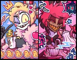  alastor_(hazbin_hotel) animal_hat apple bazukat_art black_border black_gloves black_necktie blue_background border chicken_hat coat coffee_mug colored_sclera colored_teeth crown cup dark_skin deer eyeshadow food fruit fur-trimmed_coat fur_trim gloves grin half-closed_eyes hat hazbin_hotel hellaverse holding holding_cup lucifer_morningstar_(hazbin_hotel) makeup mini_crown mug musical_note necktie one_eye_closed orange_teeth outline pink_background purple_eyeshadow red_hair red_sclera rubber_duck sharp_teeth short_hair signature smile snake star_(symbol) tea teeth very_short_hair watermark white_outline yellow_sclera 