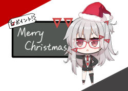  1girl :o absurdres apricotlemontea asymmetrical_legwear black_background black_jacket black_socks black_thighhighs blush_stickers chibi collared_shirt commentary_request fur-trimmed_headwear fur_trim glasses grey_hair hair_between_eyes hat highres indie_virtual_youtuber jacket lanyard long_hair merry_christmas navel necktie parted_lips pointer red-framed_eyewear red_background red_eyes red_hat red_necktie santa_hat shirt shoes single_sock single_thighhigh socks solo thigh-highs translation_request two-tone_background v-shaped_eyebrows very_long_hair virtual_youtuber white_background white_shirt white_shoes yaki_mayuru 
