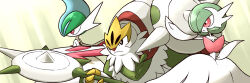  1girl 2boys animal_nose arm_blade arm_up bare_shoulders beard black_eyes blue_hair bob_cut body_fur bright_pupils chesnaught closed_mouth color_connection colored_skin commentary_request dress elbow_gloves facial_hair fighting_stance flat_chest frown furry furry_male gallade gardevoir gloves green_background green_fur green_hair hair_over_one_eye holding holding_weapon light_rays long_dress mega_chesnaught mega_gallade mega_gardevoir mega_pokemon mohawk monya multicolored_hair multiple_boys one_eye_covered outstretched_arm parted_lips pokemon pokemon_(creature) profile red_eyes serious shield short_hair spiked_shield spikes standing strapless strapless_dress two-tone_fur two-tone_hair weapon weapon_request white_dress white_fur white_gloves white_pupils white_skin 