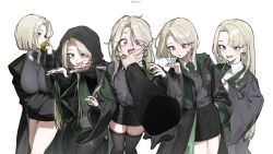 1girl absurdres anger_vein apple biting black_robe black_skirt black_thighhighs blonde_hair blush breasts cardigan commentary_request curtained_hair earrings eyelashes fingernails food fruit gaueaul genderswap genderswap_(mtf) grabbing_another's_chin green_apple green_hood green_nails green_necktie grey_eyes hair_over_shoulder hand_on_another's_chin harry_potter_(series) highres hogwarts_school_uniform hood hood_down hoop_earrings jewelry korean_commentary long_hair looking_at_viewer malfoid miniskirt multiple_expressions necktie open_mouth origami outstretched_arms paper_crane pleated_skirt poses raised_eyebrow robe school_uniform shirt short_hair simple_background skirt slytherin smile solo striped_clothes striped_necktie thigh-highs upper_body white_background white_shirt wide_sleeves wizarding_world zettai_ryouiki