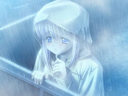  1girl akino_takehiko blue_eyes fence game_asset hood hood_up konoe_nanami lamune long_hair purple_hair rain raincoat sad solo third-party_source tsukasa_yuuki visual_novel_cg water 