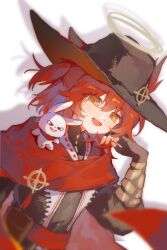  1girl :d absurdres animal animal_on_shoulder arknights black_dress black_gloves black_hat cape character_request chinese_commentary commentary_request dress exusiai_(arknights) exusiai_the_new_covenant_(arknights) exusiai_the_new_covenant_(the_legend_seeker)_(arknights) fingerless_gloves gloves halo hand_up hat highres jia_ri_fan_mai_ji looking_at_viewer official_alternate_costume one_side_up open_mouth rabbit rabbit_on_shoulder red_cape red_hair short_hair smile solo transparent_background tricorne upper_body white_rabbit_(animal) yellow_eyes 