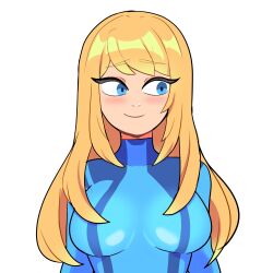  1girl absurdres bbycheese blonde_hair blue_bodysuit blue_eyes blush bodysuit breasts highres large_breasts long_hair looking_to_the_side metroid samus_aran shy simple_background skin_tight skindentation smile solo zero_suit 