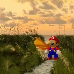  1boy absurdres blue_eyes blue_overalls brown_shoes buttons cape cape_mario clouds cloudy_sky facial_hair field full_body gloves grass hat highres long_sleeves looking_to_the_side male_focus mario mustache noubodying ocean outdoors overalls path red_hat red_shirt shirt shoes short_hair sideburns sky solo standing super_mario_64 super_mario_bros. very_short_hair white_gloves yellow_cape 