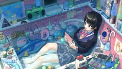  1girl 310phz_(tsukino_mito) 3d_glasses animal-shaped_watering_can bag ball barefoot bathtub beachball black_hair black_jacket black_skirt blazer blue_eyes book bow bowtie braid can candle cd character_doll character_name clock collared_shirt commentary computer contrast_lapels doll fish fish_tank game_boy_advance hair_ornament hairclip half_up_braid handheld_game_console highres holding holding_party_popper in_bathtub indoors inflatable_dolphin inflatable_toy jacket lapels laptop lava_lamp long_sleeves mikiproject_4 niginigi_nijitown nijisanji partially_submerged party_popper pikachu pink_bow pink_bowtie plant pleated_skirt pokemon potted_plant radio rubber_duck school_uniform shirt sitting skirt soap_bottle solo sticker sweater toy_gun tsukino_mito tsukino_mito_(1st_costume) umbrella untranslatable_commentary virtual_youtuber water white_shirt yellow_sweater 