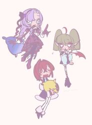  +_+ 3girls :d ahoge ange_katrina ange_katrina_(1st_costume) artist_name black_coat black_dress black_shoes blue_eyes blush bright_pupils brown_hair closed_eyes coat curtained_hair deformed demon_wings dot_nose dress drill_hair dyed_ahoge ear_blush flying_sweatdrops gloves hair_intakes hair_ribbon hand_up heart heart-shaped_pupils heya_new high_heels highres holding holding_pillow hyakumantenbara_salome hyakumantenbara_salome_(1st_costume) index_finger_raised long_hair long_pointy_ears long_sidelocks long_sleeves makaino_ririmu makaino_ririmu_(2nd_costume) medium_hair multiple_girls nijisanji off-shoulder_dress off_shoulder open_mouth pale_colors pantyhose pillow pink_background pointy_ears purple_dress purple_gloves purple_hair purple_pantyhose purple_ribbon purple_shoes red_eyes red_hair red_wings ribbon shoes short_dress sidelocks simple_background sleeve_cuffs sleeves_past_wrists smile striped_clothes striped_thighhighs symbol-shaped_pupils thigh-highs triangle_mouth twintails virtual_youtuber white_pantyhose white_pupils white_thighhighs wings 