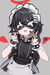  1girl absurdres apron bandages bandaid belt black_dress black_hair chocpocalypse closed_mouth collar dress fingerless_gloves fringe_trim gloves grey_background hair_ornament halo highres jewelry looking_at_viewer maid maid_headdress multiple_rings open_mouth original razor_blade red_halo ring short_hair simple_background solo spiked_collar spikes studs upper_body v white_apron 