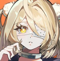  1girl ahoge black_shirt blonde_hair choker eyepatch hair_between_eyes hair_ornament hand_up highres long_hair looking_at_viewer medical_eyepatch orange_background parted_lips perdendosi9 phoenix_reffaella phoenix_reffaella_(the_illness_called_life) pom_pom_(clothes) pom_pom_hair_ornament portrait shirt simple_background solo tearing_up white_choker yellow_eyes zenless_zone_zero 