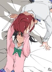  2girls all_fours black_hair bow bowtie cardigan closed_mouth green_bow green_bowtie hand_in_another's_hair highres long_hair love_live! love_live!_school_idol_project lying medium_hair multiple_girls nishikino_maki on_back pink_cardigan red_eyes red_hair shirt smile surfacedxxc twintails white_shirt yazawa_nico yuri 
