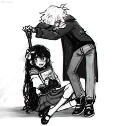  1boy 1girl alternate_costume antenna_hair aubrey_(faraway)_(omori) aubrey_(omori) bad_id bad_twitter_id basil_(faraway)_(omori) basil_(omori) book bow coat commentary crying crying_with_eyes_open double-parted_bangs english_commentary greyscale hair_between_eyes hair_bow highres holding holding_book long_hair long_sleeves looking_at_viewer monochrome omori open_clothes open_coat pants pleated_skirt red_eyes shoes short_hair sidelocks simple_background skirt socks spot_color tears yuilu_(yuiluqqq) 