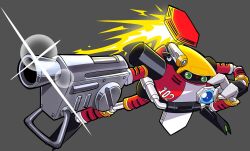  aiming arm_cannon armor book commentary diffraction_spikes dynamic_pose e-102_gamma english_commentary firing glint green_eyes grey_background gun highres holding holding_gun holding_weapon kneeling lens_flare maxoke mecha multicolored_armor no_humans non-humanoid_robot open_hand red_armor robot science_fiction simple_background solo sonic_(series) sonic_adventure thrusters weapon 
