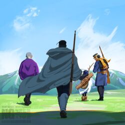  1girl 3boys asirpa black_pants blue_hat blue_sky boots bow_(weapon) buzz_cut cape clouds fur_boots golden_kamuy gun gun_on_back hat highres long_hair military_uniform multiple_boys murata_miku ogata_hyakunosuke outdoors pants shiraishi_yoshitake short_hair sky sugimoto_saichi very_short_hair watermark weapon weapon_on_back white_cape wind 