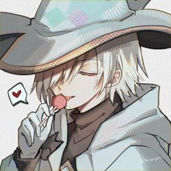  1boy absurdres aco_(acopuyo) black_sweater candy chupa_chups closed_eyes coat commentary food gloves gray_lemres grey_background hair_over_one_eye hat heart highres holding holding_candy holding_food holding_lollipop hood hood_down hooded_coat lemres_(puyopuyo) licking licking_food lollipop male_focus one_eye_covered open_clothes open_coat open_mouth portrait puyopuyo puyopuyo_quest short_hair simple_background solo speech_bubble spoken_heart sweater teeth tongue tongue_out twitter_username untranslatable_commentary upper_teeth_only white_coat white_gloves white_hair white_hat witch_hat 