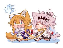  2girls ? ?? animal_ears braid braided_sidelocks cat_ears cat_girl cat_tail chibi chibi_only closed_eyes commentary denia_(wuthering_waves) dog_girl dog_tail dress drooling english_commentary hair_ornament highres kemonomimi_mode leash mouth_drool multiple_girls open_mouth orange_hair origami paper_crane pink_hair pointy_ears sidelocks sigrika_(wuthering_waves) sleeping sleeping_upright smile squeans tail white_dress wuthering_waves yuutama2804 