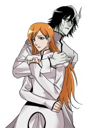  1boy 1girl absurdres arm_around_shoulder black_hair bleach breasts brown_eyes commentary_request dress facial_mark fake_horns frown frypannn green_eyes hair_ornament height_difference helmet highres horned_helmet horns inoue_orihime inoue_orihime_(hueco_mundo) juliet_sleeves korean_commentary long_hair long_sleeves medium_breasts orange_hair pale_skin puffy_sleeves sleeves_past_wrists snowflake_hair_ornament ulquiorra_cifer very_long_hair white_dress white_helmet 