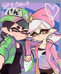  2girls baseball_cap beanie black_hair black_shirt blue_background border callie_(splatoon) closed_eyes closed_mouth collarbone commentary cousins earrings english_commentary eyelashes gradient_hair green_hair green_hat green_jacket grey_border hand_on_another's_shoulder hat heart inkling jacket jewelry kokomi_(aniesuakkaman) long_hair long_sleeves marie_(splatoon) mole mole_under_eye multicolored_hair multiple_girls open_clothes open_jacket pink_eyes pink_hair pink_hat pink_jacket pointy_ears purple_background shirt sideways_hat signature smile splatoon_(series) split_mouth star-shaped_pupils star_(symbol) symbol-shaped_pupils tentacle_hair thick_eyebrows two-tone_background two-tone_hair white_hair white_shirt yellow_pupils 