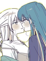  2girls alternate_hair_color bang_dream! bang_dream!_our_notes blonde_hair blue_hair blush commentary from_side heavy_breathing imminent_kiss korean_commentary long_hair mahashi_miku medium_hair multiple_girls one_eye_closed simple_background suga_raika sweat upper_body white_background white_hair yojeong_dimseom yuri 