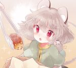  1girl animal_ears animal_on_shoulder bangs basket biyon capelet commission food gradient gradient_background grey_capelet grey_hair looking_at_viewer mouse mouse_ears mouse_girl mouse_tail nazrin open_mouth red_eyes short_hair skeb_commission tail touhou twitter_username yellow_background 