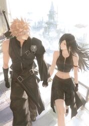  1boy 1girl apron arm_ribbon bare_shoulders black_apron black_gloves black_hair black_pants black_shirt black_shorts black_skirt black_vest blonde_hair closed_mouth cloud_strife commentary coniglioxos couple crop_top detached_sleeves earrings english_commentary fenrir_(ff7) final_fantasy final_fantasy_vii final_fantasy_vii:_advent_children fingerless_gloves foot_out_of_frame glint gloves hetero highres holding_hands jewelry long_hair looking_at_another midriff navel outdoors pants pleated_skirt red_ribbon ribbon shirt short_hair shorts single_bare_shoulder single_detached_sleeve single_shoulder_pad skirt sleeveless sleeveless_shirt smile spiky_hair sweater sword sword_on_back teardrop_earrings tifa_lockhart vest waist_apron walking weapon weapon_on_back zipper 