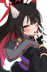  1girl absurdres animal_ear_fluff animal_ears black_gloves black_hair black_kimono black_nails blue_archive blush colored_inner_hair commentary_request eyeshadow fingerless_gloves fox_ears fox_girl fox_shadow_puppet gloves halo highres japanese_clothes kimono long_hair makeup multicolored_hair purple_sash rakio_deeeesu red_eyeshadow red_hair red_halo sash solo two-tone_hair upper_body very_long_hair wakamo_(blue_archive) yellow_eyes 