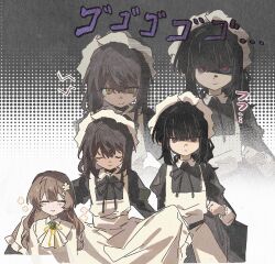  3girls 42amaroid0404 apron black_hair blunt_bangs bowing brown_hair catherine_(project_moon) closed_eyes closed_mouth hair_between_eyes highres holding_case limbus_company long_hair looking_at_viewer maid maid_apron maid_headdress medium_hair multiple_girls nelly_(project_moon) project_moon red_eyes ryoshu_(project_moon) standing wuthering_heights_(identity)_(project_moon) yellow_eyes 