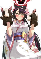  1girl absurdres animal_ear_fluff animal_ears black_hair blue_archive blush closed_mouth colored_inner_hair commentary_request eyeshadow flower fox_ears fox_girl hairband halo hand_puppet highres japanese_clothes kimono long_hair makeup multicolored_hair obi official_alternate_costume pink_flower pink_hairband puppet purple_sash rakio_deeeesu red_eyeshadow red_hair red_halo sash sitting smile solo two-tone_hair very_long_hair wakamo_(blue_archive) wakamo_(valentine)_(blue_archive) white_kimono yellow_eyes 