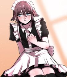  1boy apron bilingual_commentary black_dress black_thighhighs blue_eyes blurry brown_hair clenched_hand crossdressing crossdressing_(mtf) dress english_commentary eyebrows_hidden_by_hair frilled_apron frills highres korean_commentary light_frown maid maid_apron male_focus male_maid mixed-language_commentary original puffy_short_sleeves puffy_sleeves short_dress short_sleeves sideways_glance sokdoksannim solo thigh-highs trap waist_apron zettai_ryouiki 