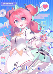 !! 1girl :d absurdres aqua_eyes aqua_hair aqua_streaks aria_(human)_(zenless_zone_zero) aria_(zenless_zone_zero) blush breasts bridal_gauntlets center_frills collarbone commentary_request dress fingerless_gloves frills gloves golobi hair_between_eyes heart highres looking_at_viewer multicolored_hair musical_note open_mouth pink_gloves pink_hair quad_tails sidelocks small_breasts smile solo spoken_exclamation_mark spoken_heart star-shaped_pupils star_(symbol) streaked_hair symbol-shaped_pupils two-tone_gloves white_bridal_gauntlets white_dress zenless_zone_zero