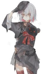  1girl absurdres beret black_gloves black_hat black_necktie black_shirt black_skirt collared_shirt colored_inner_hair commentary_request gloves grey_hair hair_ornament hat highres holding holding_stuffed_toy mahou_shoujo_no_majo_saiban multicolored_hair necktie red_eyes red_hair red_thighhighs shirt shito_alisa short_hair simple_background single_glove skirt solo stuffed_animal stuffed_toy teddy_bear thigh-highs white_background x_hair_ornament yu_(omayu) 