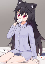  1girl ace_(playing_card) ace_of_diamonds ace_of_hearts animal_ear_fluff animal_ears apricotlemontea barefoot bed_sheet between_fingers black_hair breasts card cat_ears collared_shirt commentary_request covered_mouth diamond_(shape) grey_background hair_between_eyes heart highres holding holding_card long_hair long_sleeves original playing_card purple_shirt purple_shorts shirt shorts simple_background sitting small_breasts solo very_long_hair violet_eyes wariza 