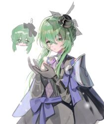  1girl armor black_dress black_gloves black_hat dress fascinator fire_emblem fire_emblem:_fortune's_weave gloves green_eyes green_hair hat highres hoyo_tarak long_bangs ninae_(fire_emblem) purple_ribbon ribbon shoulder_armor simple_background white_background 