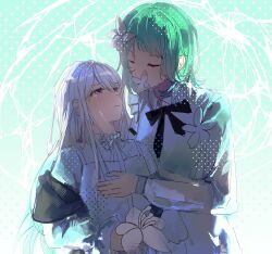  2girls bang_dream! bang_dream!_our_notes black_hair closed_eyes commentary crying crying_with_eyes_open dress flower green_hair hair_flower hair_ornament hcrane_hrs highres long_hair medium_hair multiple_girls neck_ribbon ribbon sawami_kanata shiomi_hotaru sidelocks tears untranslatable_commentary violet_eyes white_dress white_hair 