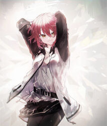  1girl angel arknights arms_behind_head arms_up belt black_belt black_pantyhose black_skirt black_sleeves closed_mouth commentary_request cowboy_shot detached_wings energy_wings exusiai_(arknights) grey_shirt hair_between_eyes halo jacket long_sleeves looking_at_viewer open_clothes open_jacket pantyhose raglan_sleeves red_hair shirt short_hair skirt smile solo uawa white_jacket white_shirt wings yellow_eyes 