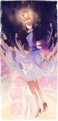  1girl abstract_background apron arm_up bare_legs blue_dress blue_eyes blue_ribbon bob_cut border brown_hair colorful commentary crown dress floating floating_clothes floating_object flower flower-trimmed_crown frilled_apron frilled_dress frills from_side full_body glowing_crown high_heels hinata_(echoloveloli) light_particles lily_(shiei_no_sona-nyl) long_sleeves looking_at_object looking_up neck_ribbon parted_lips pink_flower pink_rose reaching ribbon rose shiei_no_sona-nyl solo standing steampunk_(liarsoft) untranslatable_commentary waist_apron white_border 