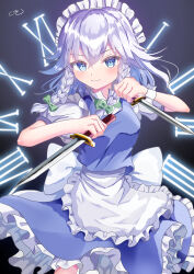  1girl absurdres apron back_bow blue_eyes blue_skirt blue_vest blush bow braid breasts closed_mouth commentary_request dual_wielding frilled_skirt frills green_bow grey_hair hair_between_eyes hair_bow highres holding holding_knife izayoi_sakuya knife long_hair looking_at_viewer maid maid_headdress puffy_short_sleeves puffy_sleeves rikiriki200 roman_numeral shirt short_sleeves skirt small_breasts smile solo touhou twin_braids vest waist_apron white_apron white_bow white_shirt white_wrist_cuffs wrist_cuffs 
