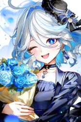  1girl :d black_choker black_hat blue_dress blue_eyes blue_flower blue_hair blue_rose bouquet choker colored_inner_hair commentary dress drop-shaped_pupils earrings flower furina_(genshin_impact) genshin_impact hat highres jewelry kkopoli mini_hat multicolored_hair one_eye_closed rose short_hair simple_background smile solo symbol-shaped_pupils untranslatable_commentary upper_body wavy_hair white_background white_hair 