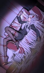  1girl absurdly_long_hair alternate_costume arm_up bandage_on_face bandages black_jacket black_skirt blood blood_from_mouth bound breasts brown_pantyhose bucket can cellphone collared_shirt couch drink empty_eyes expressionless eyelashes fingernails formal_clothes from_side full_body genshin_impact grey_hair hair_between_eyes hand_up high-waist_skirt highres holding holding_can holding_phone hou_o1o3 indoors jacket lapels long_fingernails long_hair long_sleeves looking_at_phone looking_up lying medium_breasts miniskirt nail_polish no_shoes nosebleed on_back on_couch open_clothes open_jacket open_mouth pale_skin pantyhose phone pillow pocket red_nails ronova_(genshin_impact) shadow shirt sidelocks skirt slippers smartphone solo spotlight string string_of_fate suit_jacket tied_up_(nonsexual) very_long_hair white_shirt wooden_floor yellow_eyes yellow_slippers 
