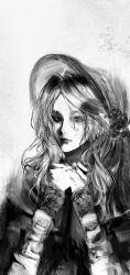  1girl absurdres bloodborne bonnet cloak closed_eyes closed_mouth commentary doll eyelashes goth_fashion hair_between_eyes hands_up highres lips long_hair long_sleeves nose own_hands_together phanthema plain_doll simple_background solo upper_body white_background 