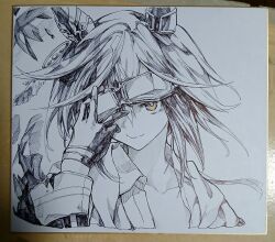  1girl absurdres animal_ears closed_mouth collared_shirt commentary_request ear_covers feathered_wings gloves goggles hair_between_eyes hasukurira highres horse_ears horse_girl long_hair looking_at_viewer one_eye_covered shikishi shirt solo spot_color stay_gold_(sunlit_outsider)_(umamusume) stay_gold_(umamusume) traditional_media umamusume upper_body wings yellow_eyes yellow_gloves 