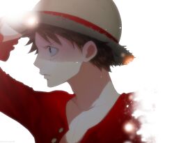  1boy clip_studio_paint_(medium) closed_mouth commentary_request curry_gohan hand_on_own_hat hat male_focus monkey_d._luffy one_piece profile red_shirt scar scar_on_face shirt short_hair simple_background solo straw_hat upper_body white_background 