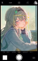  1girl aqua_bow aqua_bowtie aqua_hair arm_rest black_hairband bow bowtie classroom closed_mouth commentary desk elbow_rest fake_phone_screenshot fake_screenshot firefly_(honkai:_star_rail) firefly_(spring_missive)_(honkai:_star_rail) gradient_hair grey_hair grey_sailor_collar hair_between_eyes hair_intakes hairband hand_on_own_cheek hand_on_own_face highres honkai:_star_rail honkai_(series) indoors long_hair long_sleeves looking_at_viewer multicolored_hair pout sailor_collar school_desk school_uniform serafuku shirt solo taking_picture upper_body viewfinder violet_eyes void0_p1 white_shirt window 