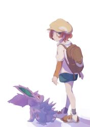  1girl backpack bag blossom_(pokemon) brown_bag closed_mouth commentary_request full_body grey_socks hat highres hood hood_down hooded_jacket jacket nidoran nidoran_(male) orange_eyes pn_(ltpn_257) pokemon pokemon_(anime) pokemon_(creature) poketoon shoes short_hair shorts sneakers socks white_jacket yellow_hat 