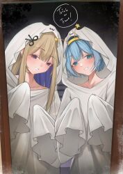  2girls absurdres amanogawa_shiina blue_eyes blue_hair doorway frost ghost_costume highres jelly_hoshiumi long_hair long_sleeves looking_at_viewer medium_hair multiple_girls parkiranhonda phase_connect shirt sidelocks sleeves_past_fingers sleeves_past_wrists smile standing violet_eyes virtual_youtuber white_shirt 