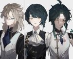  3boys albedo_(genshin_impact) ascot bangs bead_necklace beads black_hair black_vest blue_ascot blue_eyes blue_hair closed_eyes cyenwl facial_mark forehead_mark genshin_impact green_hair grey_background grey_hair highres jewelry looking_at_viewer male_focus multicolored_hair multiple_boys necklace official_alternate_costume orange_eyes parted_lips simple_background tassel vest white_ascot white_vest xiao_(genshin_impact) xingqiu_(genshin_impact) 