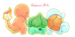  anniversary arm_up bulbasaur charmander closed_eyes commentary_request facing_away fang fire flame-tipped_tail full_body kuuka_(kobatan58) no_humans pokemon pokemon_(creature) simple_background smile squirtle starter_pokemon_trio tail white_background 